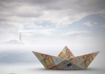 Paper euro money boat in sky