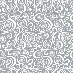 Abstract New Year pattern with snowflakes and swirls on gray