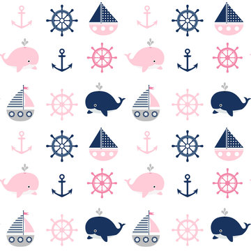 Cute seamless nautical pattern with whales and boats for children clothes, greeting cards and baby shower invitations
