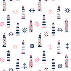 Simple minimal vector pattern with lighthouses and helm in blue, grey and pink colors for clothing, packaging and summer designs