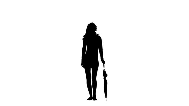 Woman opens an umbrella. White background. Silhouette