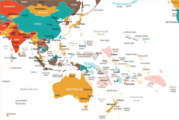 Obraz premium Mapa Azji Wschodniej i Oceanii - ilustracja wektorowa