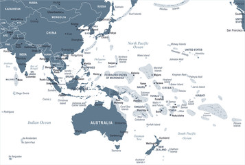 Obraz premium Mapa Azji Wschodniej i Oceanii - ilustracja wektorowa