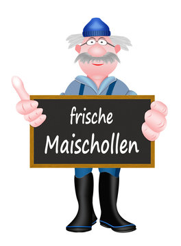 frische Maischolle, Fischer mit Werbeschild, freigestellt, wei&szlig;er Hintergrund