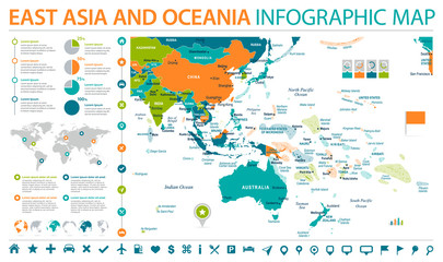 East Asia and Oceania Map - Info Graphic Vector Illustration - obrazy, fototapety, plakaty