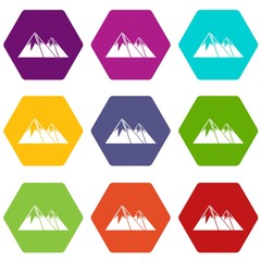 Mountains with snow icon set color hexahedron