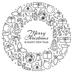 Christmas horizontal banner with tree, gifts, decorations, candles. Flat line art. Vector illustration.