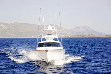 Photo sur Plexiglas Sports nautique Le bateau à moteur blanc qui coule sur la mer.