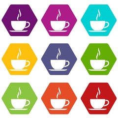 Cup of hot drink icon set color hexahedron