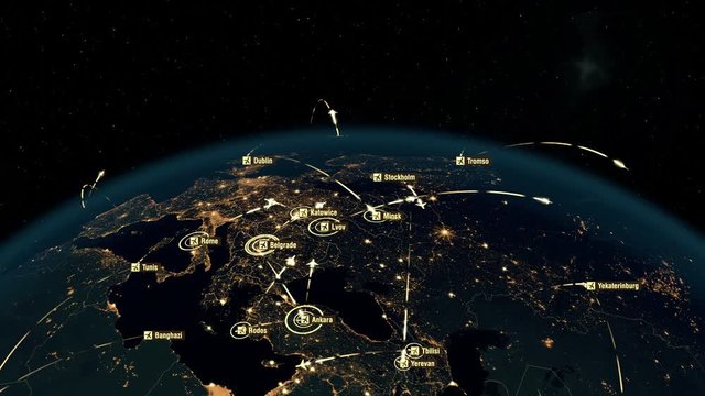 Global Communications through the Network of Connections over Europe and North America. Airport International Connectivity.