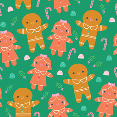 Cute Gingerbread Cookie Sweets Illustration Seamless Pattern Green Background