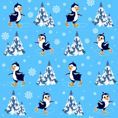 Seamless pattern Penguins skate in the winter