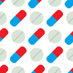 Seamless pattern with pills and capsules background simple flat painkiller pharmaceutical vector illustration.