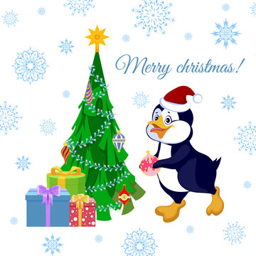 Christmas greeting card with a penguin decorating a Christmas tree. Vector