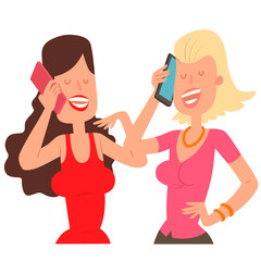 Two girl friends character talking his cell phone vector illustration
