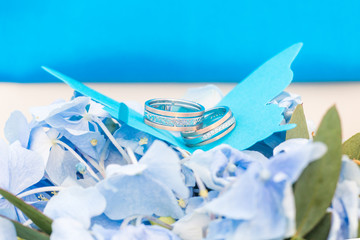 Beautiful wedding rings lie on a paper butterfly