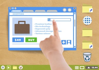 Hand touching Shopping website window and Folder and files icons