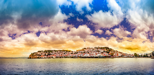 Amazing beautiful panorama of Ohrid city and lake Ohrid during sunrise cloudy sky