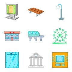 Developed city icons set, cartoon style