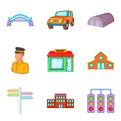 Provincial city icons set, cartoon style