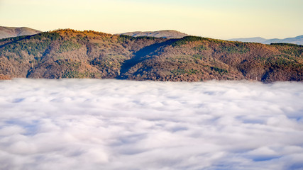 Mountain layer in morning sunrise sun ray and autumn fog