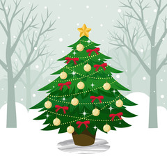 Christmas forest woods with Christmas tree. Merry Christmas greeting card
