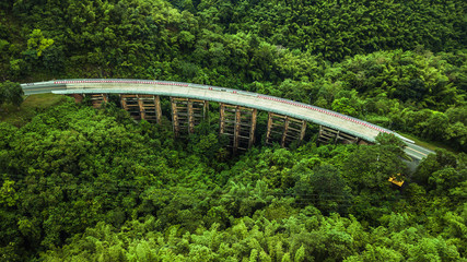Fototapeta premium An aerial view of Road or bridge is in the middle of a forest