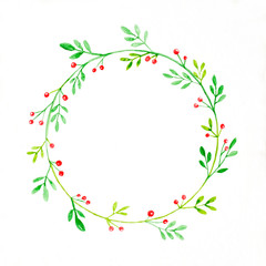 Christmas wreath watercolor drawing on white paper background, Christmas greeting card background