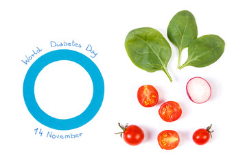 Blue circle as symbol of fighting diabetes and fresh vegetables, nutrition during disease concept