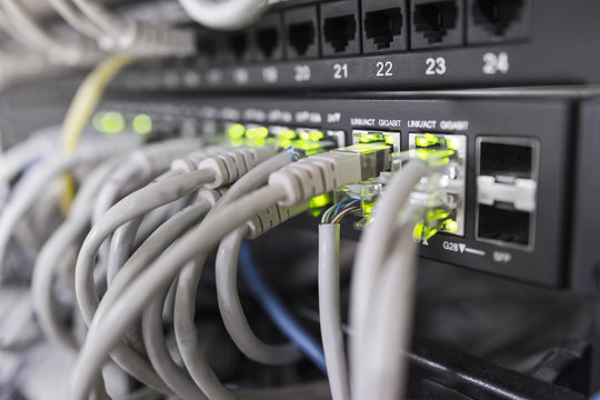 fast ethernet gigabit switch front view, dof copyspace background