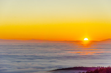 Autumn sunset above colorful valley full of dense mist colored with hot sun rays