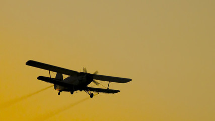 A crop duster flies low over a field of corn