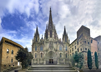 Fototapeta na wymiar Panorama of Gothic Barcelona Cathedral with dramatic colors