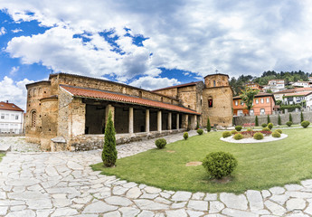 Fototapeta na wymiar Ohrid, Macedonia, Panorama of Church Saint Sophia in Ohrid. The main part of the church was built in the 11th century, while external additions were built in the 14th century