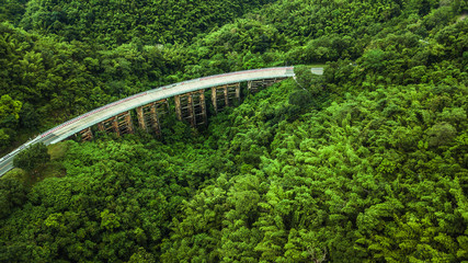 An aerial view of  Road or bridge is in the middle of a forest