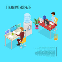 Modern team workspace isometric poster. Corporate office life concept with busy business people working in office at computer. Together professional occupation, office with staff vector illustration