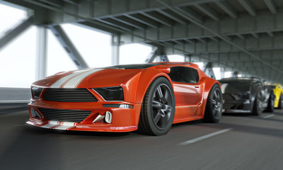 Obraz na płótnie Canvas Exotic race car high speed showdown over a city bridge.Generic vehicles. 3d rendering.