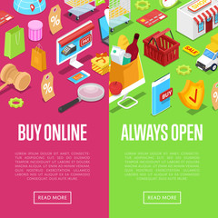 Online shopping isometric 3D posters set. Round the clock e-shopping concept with shopping bag, credit card, goods and products. Retail marketing, fast home delivery service vector illustration.