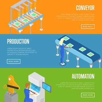 Smart robotic assembly line isometric 3D posters. Industrial goods production, mechanical conveyor with workers, manufacturing process. Factory automation, belt production line vector illustration.