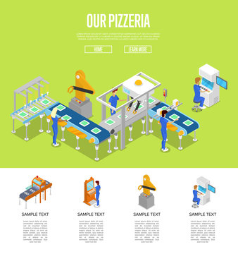 Assembly Line Isometric 3D Poster. Industrial Goods Or Food Production, Mechanical Conveyor With Workers, Manufacturing Process. Factory Automation, Belt Production Line Vector Illustration.