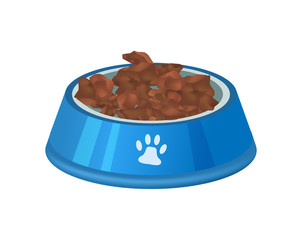 Pet preserved food in plastic bowl icon. Pet store element, vet care accessory isolated vector illustration in flat style.