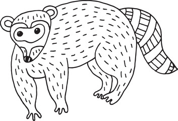 Forest animal raccoon doodle cartoon simple illustration. kids drawing style coloring page