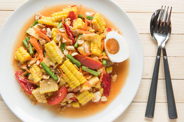 spicy corn salad with salted egg,Thai style food
