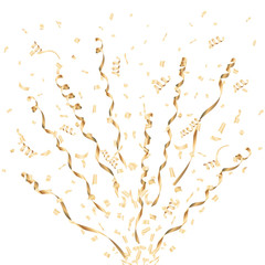 Exploding golden confetti and streamer on white background