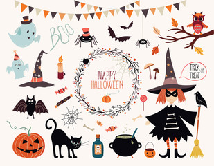 Halloween collection with hand drawn elements, witch, ghosts and wreath - obrazy, fototapety, plakaty
