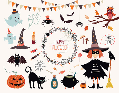 Halloween collection with hand drawn elements, witch, ghosts and wreath