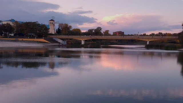Aerial view on Mirgorod city, Ukraine. Old video style, low light evening sunset autumn footage