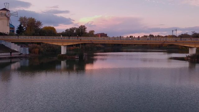 Aerial view on Mirgorod city, Ukraine. Old video style, low light evening sunset autumn footage