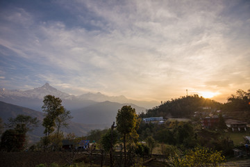Morning sunrise with Fish Tail mountain scenery when ABC trekking, Nepal