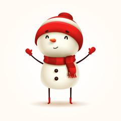 Cheerful Snowman. Vector illustration of snowman on white background. Isolated.